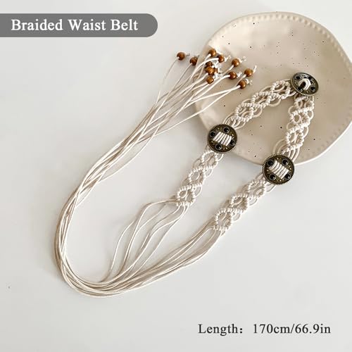 Women Braided Waist Belt Boho Woven Belt with Wooden Beads and Ring Clasp Vintage Long Tassel Rope Tie Belt for Dress - color: Beige 2