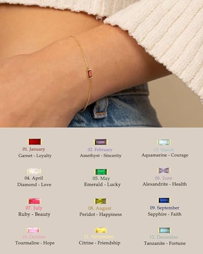 FUNEIA Birthstone Gold Bracelets for Women Non Tarnish Trendy Dainty 14K Gold Plated Bracelet Stack Stackable Blue Green May Emerald Friendship Bracelets Jewelry Gifts for Mom Best Friend - color: 01. January(Garnet)
