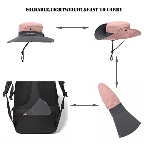 Womens Summer Sun Hat Beach Hat Wide Brim Outdoor UV Protection Hat Foldable Cool Mesh Ponytail Bucket Hat - color: Grey+pink