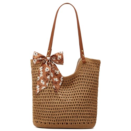 Crochet Beach Bags for Women Woven Purses Shoulder Bag Tote Handbag Summer Beach Purse - color: Wy10-brown