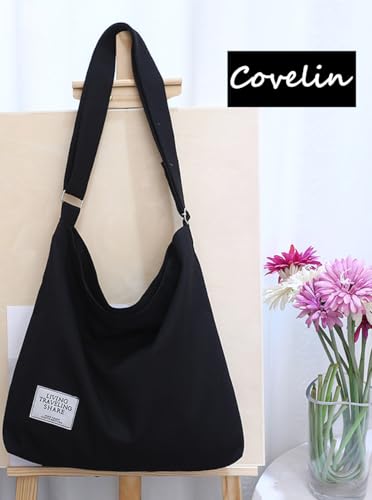 Covelin Women's Retro Large Size Canvas Shoulder Bag Hobo Crossbody Handbag Casual Tote - color: Beige