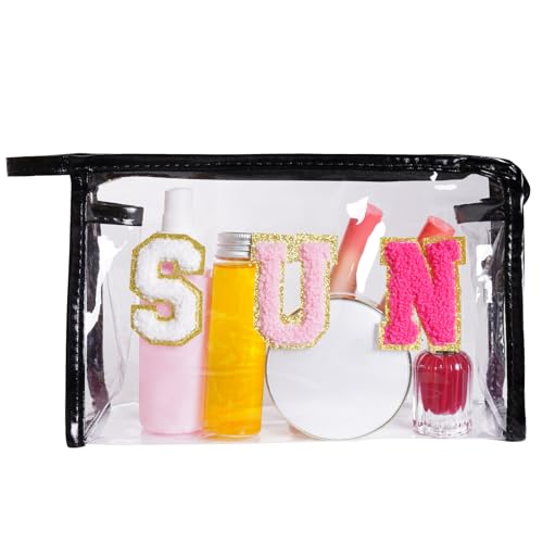 Preppy Patch Makeup Bag, Sun Chenille Letter Bag for Beach, Pouch with Zipper, Travel Bags Clear Cosmetic Toiletry Bag for Women Girls Teens (Black) - color: Black