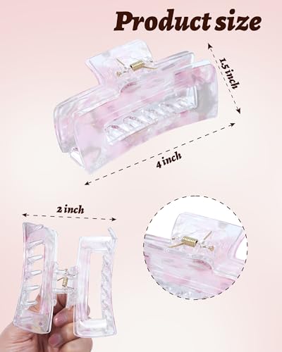 4Pcs Large Acrylic Hair Claw Clips, Nonslip Cute Hair Clips for Thick Hair and Long Hair, Rectangle Marble Claw Clips Hair Accessories for Women and Girls - color: Silver + Rose Pink + Purple + Blue