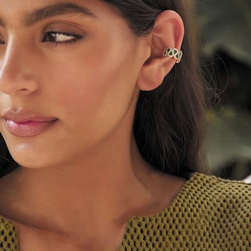 MTMY Gold Ear Cuff Earring for Women 14K Gold Plated Cubic Zirconia Non-Pierced Clip on Cartilage Chunky Ear Cuffs Hypoallergenic Jewelry - style: green cz / pair