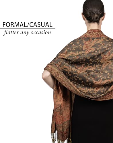 Achillea Reversible Paisley Pashmina Rave Scarf – Exotic Indian Shawls and Wraps for Evening Dresses, Festivals, All Seasons - color: Olive Burgundy