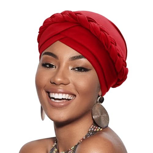 DRESHOW Turban Pre-Tied Twisted Hat Thread African Head Wraps for Black Women Chemo Cancer Cap Braid Hair Cover - color: 1 Pc Twisted Braid: Red