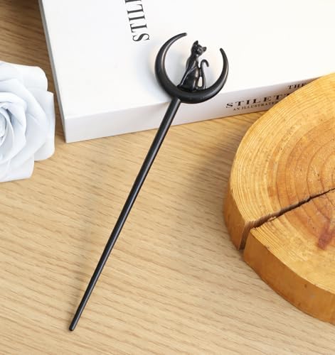 2pcs Cat Moon Hair Styling Pins Black Wicca Witch Hair Slide Renaissance Festival Hair Acceossories for Women Hair Stick