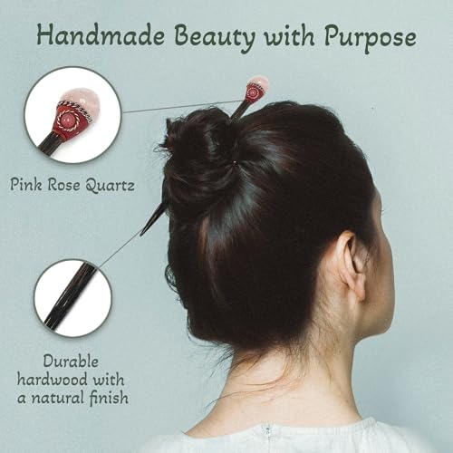 Mia Jewel Shop - Natural Tumbled Healing Gemstone Crystal Chonta Wooden Hair Sticks – Handmade Hair Sticks for Women | Hair Pins Boho Reiki Accessories, Fashion Gifts (Pink Rose Quartz) - color: Pink Rose Quartz