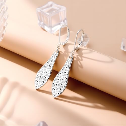 ALEXCRAFT Hammered Silver Dangle Earrings for Women, 14K Gold Plated French Leverback Earrings, Hypoallergenic Lightweight Statement Hammer Square Bar Long Drop Earing for Women Trendy Jewelry Gifts - color: SilverB