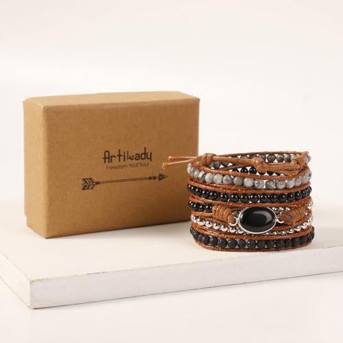 Artilady Leather Wrap Bracelets for Women - Pearl Bracelets Handmade Clasp Bangle Bracelet with Beads Jewelry Gift for Women and Mother - style: Black stone