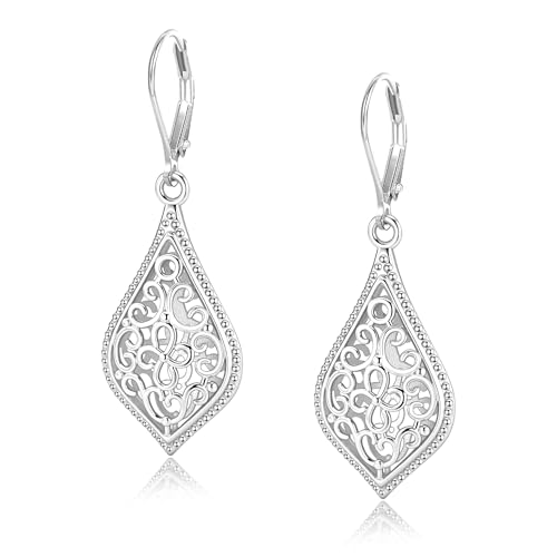 Dangle Earrings for Women, 14K Gold Plated Filigree Dangling Leverback Earrings, Silver Geometric Hypoallergenic Lightweight Dangly Drop Earings for Women Trendy Jewelry Gifts - color: C-Silver