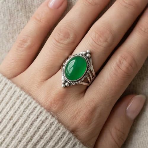 Handmade 925 Sterling Silver Plated Ring Natural Gemstone Carnelian, Rose Quartz, Tiger Eye, Crystal Oval Boho Jewelry For Women - color: Green Onyx