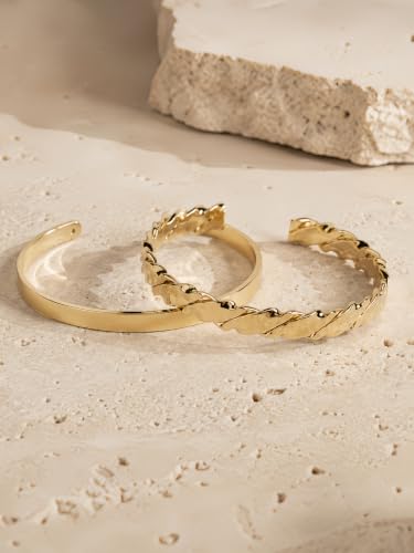 Gold Cuff Bracelets for Women, 14K Gold Plated Open Cuff Bangle Bracelet with CZ Pave, Minimalist Stackable Chunky Gold Bracelet for Women - color: Gold Hammered 2-Piece