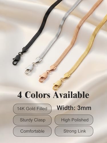 FOCALOOK 14K Gold Plated Necklaces for Women, Fashion Herringbone Choker Necklace Stainless Steel Flat Snake Chain 3/5MM(W) 12.5"/15"/18"+3.5"(L) - color: 3MM-Black-15"