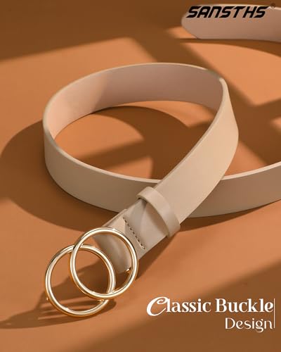 SANSTHS Womens Leather Belt for Jeans Pants Fashion Waist Belts Gold Silver Double Ring Buckle - color: Beige-gold Buckle, size: Fits Waist 30-35 inch