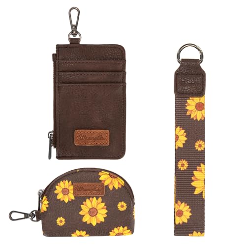 Wrangler KeyChain Wristlet Wallets for Women Sunflower Floral Dual Pouch Wristlet Western Credit Card Holder Wallet with Zipper Pocket - color: Sunflower Coffee