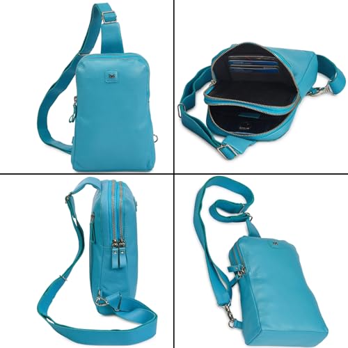 Leather Sling Bag for Women Genuine Crossbody Purse Small Trendy Cross Over Chest with Phone and Credit Card Slots (Air Blue Nappa) - color: Air Blue Nappa