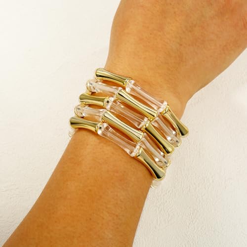 Gold Tube Bangle Bracelets for Women Stackable Bamboo Chunky Acrylic Beads Stretch Friendship Summer Beach Bracelet Jewelry - color: Clear