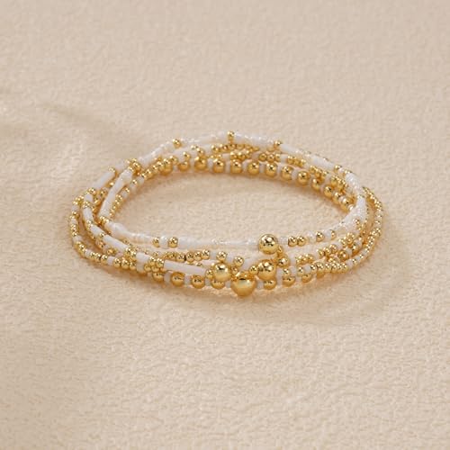 14K Gold Plated Beaded Bracelets Stack Set for Women,Stretch Boho Colorful Beads Ball Jewelry Friendship Summer Trendy - color: White