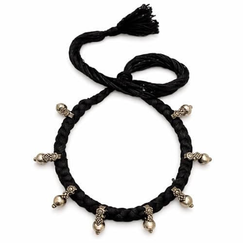 athizay Boho Charm Thread Choker Necklace – Braided Bohemian Choker with Oxidized Silver Dangle Charms | Handmade Boho Jewelry for Women - color: Black, Silver