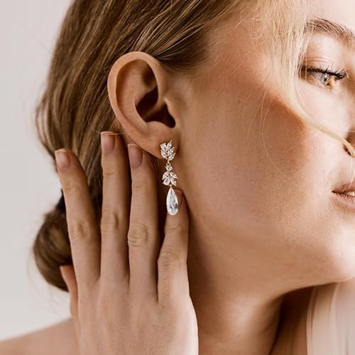 Pearl Earrings for Women, 14k Gold Plated Trendy Diamond Pearl Drop Earrings Hypoallergenic Dainty Bridal Gifts Wedding jewelry for Women - color: Wheat-Silver