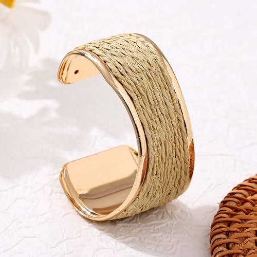Raffia Colorful Chunky Cuff Bracelet For Women Statement Irregular Wave Vacation Tropical Beachy Spring Summer Wide Open Bangle Handmade Boho Costume Jewelry Accessories - color: Beige