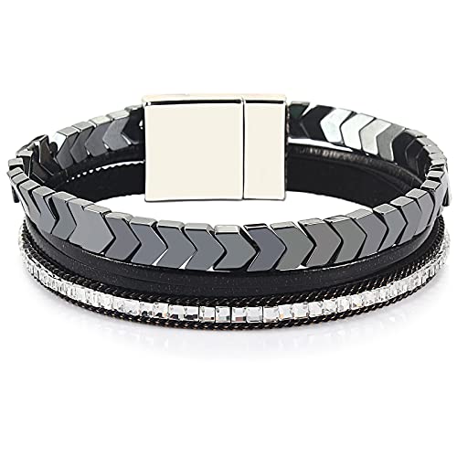 FANCY SHINY Hematite Leather Wrap Bracelets Beaded Healing Stone Cuff Bracelet Rhinestone Boho Jewelry Gift for Women with Clasp - color: Black