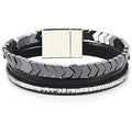 FANCY SHINY Hematite Leather Wrap Bracelets Beaded Healing Stone Cuff Bracelet Rhinestone Boho Jewelry Gift for Women with Clasp - color: Black