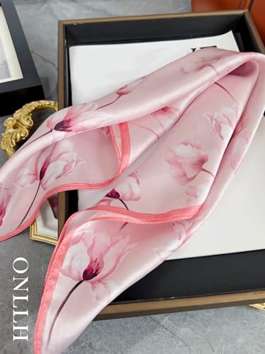 100% Mulberry Silk Scarf for Women Hair Lightweight Square Neckerchief Wrap For Head Scarves 21" - color: 3-pink Tulip /21"*21"
