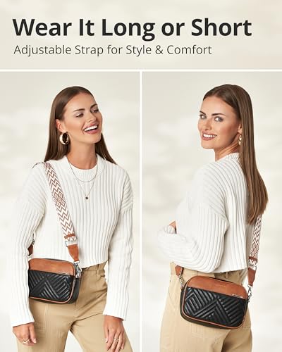 Vantamo Premium Quilted Crossbody Bags for Women with Anti-Pickpocket Clip, Vegan Leather Handbags, Travel Purses for Women - color: Shoulder Bag Onyx & Brown Jacquard Strap