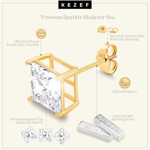 KEZEF Sterling Silver Stud Earrings for Women & Men - 4-Prong Setting Cubic Zirconia Earrings Studs - Premium CZ S925 Hypoallergenic - Available in 14K White and Yellow Gold, Rose Gold - 3mm to 9mm - color: 14K Yellow Gold, size: 6mm - Medium