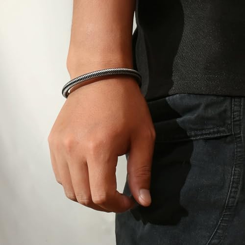 Men's Leather Bracelet, Stackable Stainless Steel Clasp Bracelets for Men Stylish Birthday, Thanksgiving, Valentine's Day Gift for My Man - style: 9" Silver and Black Cord