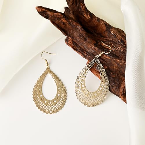 Teardrop Earrings for Women – Intricate Filigree Drop Earrings with Openwork Design, Elegant Dangle Earrings Lightweight Boho Jewelry for Everyday & Special Occasions - Gold & Silver