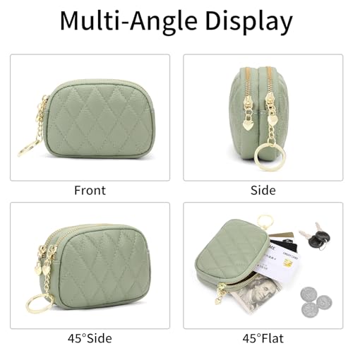 SENDEFN Women's Coin Purse Genuine Leather Wallet Small 2 Zippers Change Pouch Purse with Keychain Ring - color: 2-Green