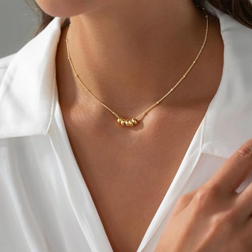 M MOOHAM Gold Necklace for Women Non Tarnish - Dainty 14K Gold Plated Beaded Chain Small Pendant Necklaces Simple Pearl Circle Beads Teardrop Pendant Necklace for Women Trendy Jewelry Gifts - color: Beads Pendant