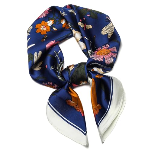 Stlvoll 27.5" Silk Neck Scarf of Women's Fashion Head Scarf Square Neck Satin Scarfs for Bag Hair Scarves Gift - color: Flower/Navy Blue
