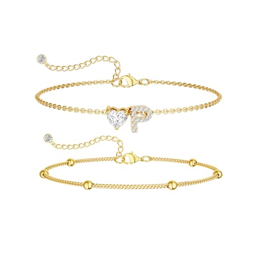 CAROVO Gold Ankle Bracelets for Women Waterproof 14K Real Gold Plated CZ Initial Anklet for Women Dainty Layered Letter A-Z Heart Ankle Bracelets Handmade Adjustable Anklet Summer Beach Jewelry - style: P