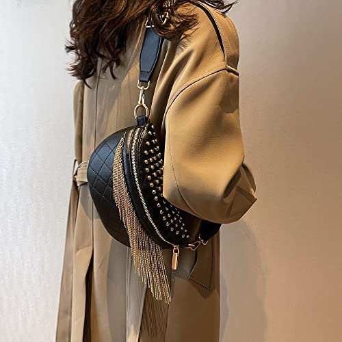 GLT.ETL Fanny Pack Chest Bag For Women Faux leather Fringe Quilted Waist Cross Body Bum Bags Rivet Studded Tassel Purses(Black Gold) - color: Black Gold