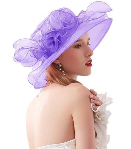 ORIDOOR Women’s Organza Church Tea Party Wedding Fascinator Derby Hat Wide Brim Sun Hats - color: D2-purple