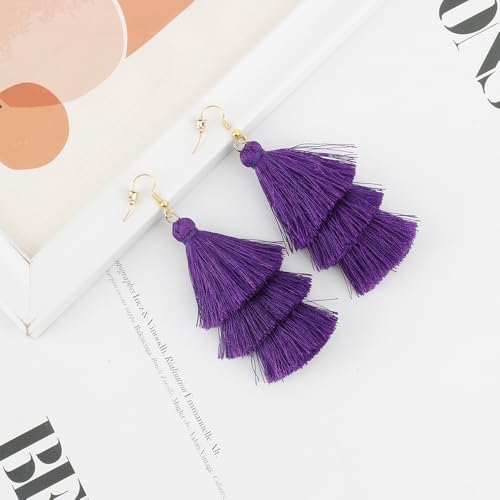 Earrings for Women Dangling, Layered Tassel Earrings Fringe Earrings Bohemian Studs Drop Earrings - color: Purple