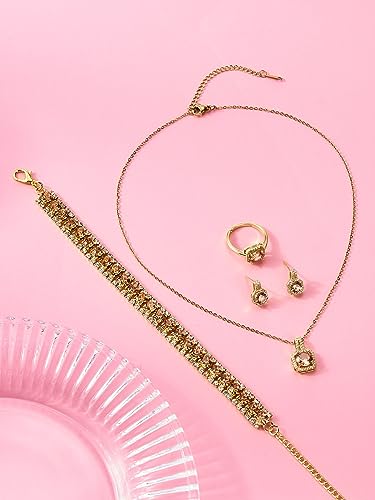 Paxuan 4pcs Cubic Zirconia Wedding Jewelry Sets for Bride Bridesmaid Cubic Zirconia Pendant Necklace Earrings Link Tennis Bracelet Open Ring Set for Women - color: Gold Plated Champagne Cubic Zirconia