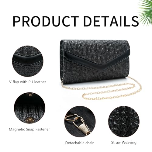 Straw Clutch Purse for Women Envelope Clutch Handbags for Summer Beach Evening Shoulder Crossbody Bag - color: Black