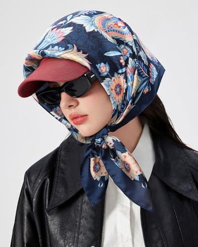 AWAYTR 27.5” Square Satin Head Scarf Hair Scarf for Women's Hair Silk Bandana for Women Silk Head Wrap for Sleeping - color: Cashew (Dark Blue)