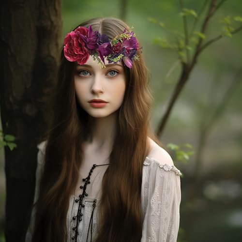 Vivivalue Floral Halo Boho Flower Headband Floral Crown Headpiece Hair Wreath with Ribbon Wedding Party Prom Photos Festival Purple - color: 33