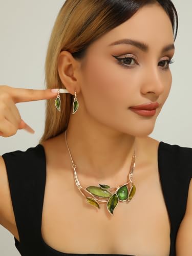 Vintage Chunky Statement Jewelry Set Retro Leaf Floral Geometric Bohemian Boho Bib Necklace Earring Set Fashion Costume Jewelry for Women Girls Wedding Party Prom Unique Gift - style: leaf teardrop oval JS gold green