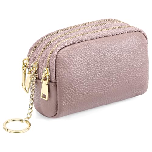 SENDEFN Small Coin Purse Leather 3 Zippered Change Pouch Wallet with Key Ring for Women - color: 1-Pink
