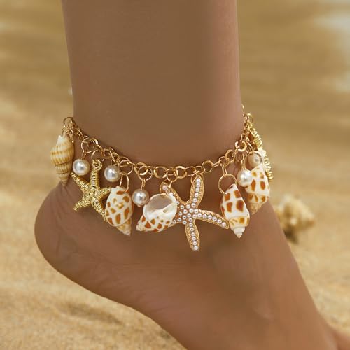 Qceasiy Shell Ankle Bracelet Set for Women, Gold Plated Boho Bead Adjustable Anklet, Hawaiian Beach Seashell Pearl Heart Starfish Conch Foot Jewelry Gifts - color: Conch Starfish1
