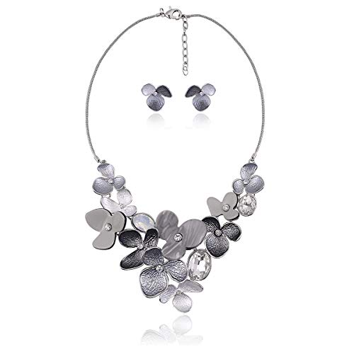 AMYJANE Vintage Statement Jewelry Set - Spring Leaf Flower Floral Plant Necklace Earring Set Crystal Rhinestone Fashion Costume Jewelry for Women Prom Party Unique Gift - style: meilian flower jewelry set grey
