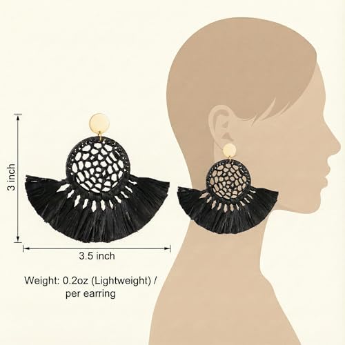 Boho Raffia Summer Beach Earrings for Women, Large Statement Dangle Drop, Lightweight Handmade Woven Fan Tassel Jewelry - color: Black