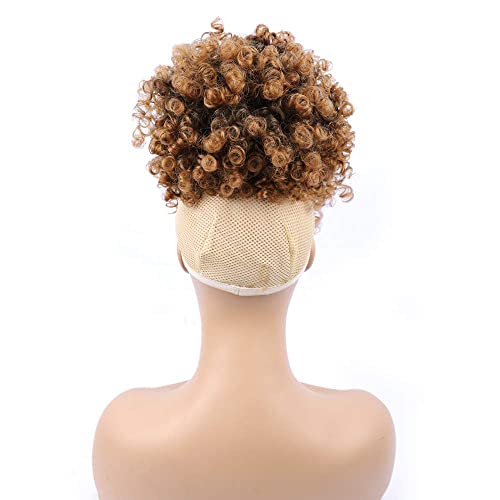 Afro Puff Drawstring Ponytail for Black Women, Kinky Curly Synthetic Hair Bun Extension with Bangs, Short Clip in Updo Hairpiece, T30 Ombre - color: T30